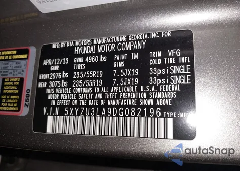 2013 Hyundai Santa Fe Sport 2.0T из США, поврежденный, VIN 5XYZU3LA9DG082196